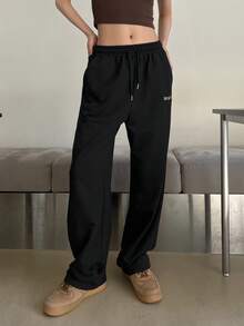 DAZY Letter Graphic Drawstring Waist Slant Pocket Sweatpants,Women Joggers - Black - View 4