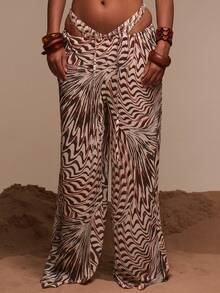 Musera Resort Chiffon Printed Wide Leg Flowy Drawstring Beach Trousers Cover Up Swim Vacation Holiday Summer Travel Beachwear Terra Sol Spring - Multicolor - View 1