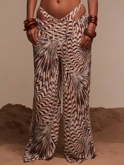 Musera Resort Chiffon Printed Wide Leg Flowy Drawstring Beach Trousers Cover Up Swim Vacation Holiday Summer Travel Beachwear Terra Sol