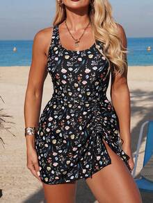 Swim Vcay Women's Adjustable Spaghetti Strap Drawstring Waist Side Slit Printed Swimsuit Dress - Multicolor - View 8