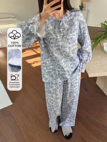 DAZY Dreamy Elegant Floral All-Over Print Frill Trim Tie Neck Loose Women Pajama Set - Blue - View 5