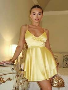 Glamine Charm Yellow Color Sexy V Neck Backless Satin Ruched Cami Dress,Date Night,Concert - Yellow - View 4