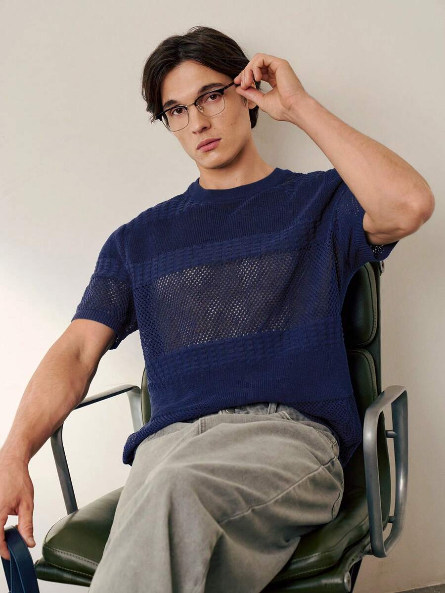 RONVEXI Camiseta casual de punto de cuello redondo de manga corta y unicolor holgada para hombre - azul real - Ver 1