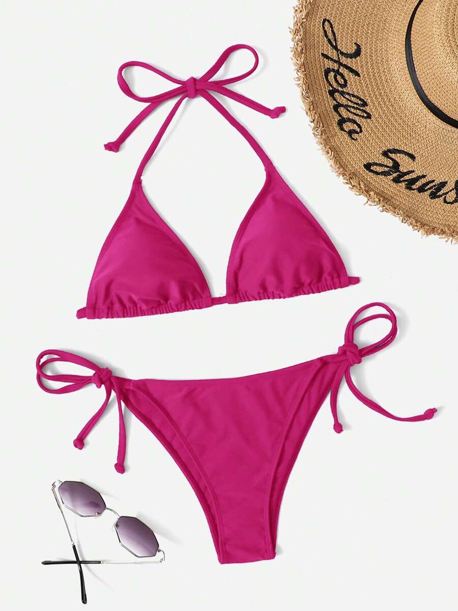 SHEIN Swim Vcay Bộ bikini đơn giản, màu trơn, hở lưng, buộc dây phía trước dành cho nữ, thích hợp cho kỳ nghỉ biển. - Màu Hồng Tươi - Xem 1