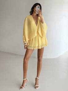 Aloruh Women's Elegant V-Neck Batwing Sleeve Pleated Fabric Mini Dress - Light Yellow - View 4