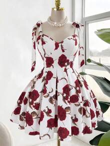 Sweetra 大码女士不规则碎花弹力面料连衣裙，露背系带腰身可调节蝴蝶结，优雅约会之夜、情人节、圣诞节、姐妹聚会、节日、日常通勤皆宜 - 彩色 - 查看 6