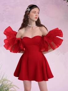 SHEIN MOD 1 chiếc đầm ngắn nữ kiểu dáng cung đình cổ điển, hở vai, thích hợp cho đám cưới mùa thu, dạ hội, phù dâu, lễ hội âm nhạc, hở lưng, năm mới, váy dạ hội, đầm dự tiệc. - Đỏ - Xem 1