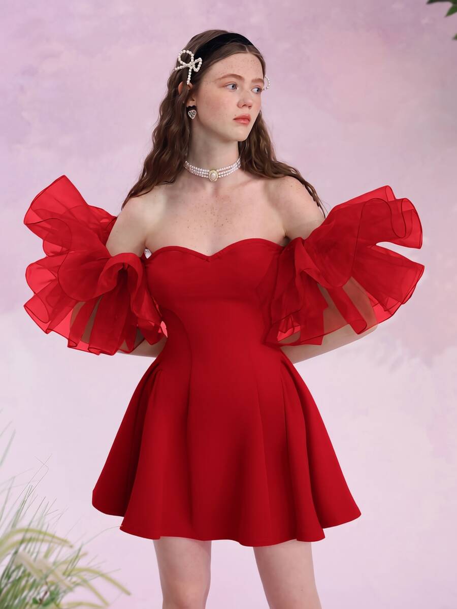 SHEIN MOD 1 chiếc đầm ngắn nữ kiểu dáng cung đình cổ điển, hở vai, thích hợp cho đám cưới mùa thu, dạ hội, phù dâu, lễ hội âm nhạc, hở lưng, năm mới, váy dạ hội, đầm dự tiệc. - Đỏ - Xem 1