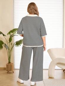 Rosumi 两件套加大码女式早春休闲条纹Polo衫和裤子套装 - 彩色 - 查看 3