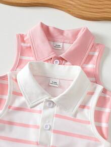 SHEIN Playful Pals 女童夏季条纹翻领无袖连衣裙 - 彩色 - 查看 3