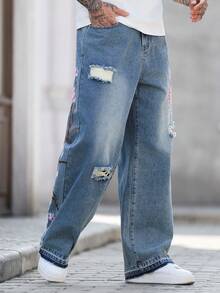 Manfinity LEGND 男女皆宜的做旧刺绣宽松水洗休闲牛仔裤，美式街头风 - 淺色水洗藍 - 查看 5