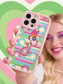 THE POWERPUFF GIRLS X SHEIN 1pc Pink And Green Stripes With Musical Notes, Retro Y2K Sky Eye And Staircase Design, High-End Texture, Soft, Skin-Friendly, And Durable TPU Material | 360° Camera Protection And Shock-Absorbing Air Cushion | Compatible With IPhone 17/17 Pro/17 Pro Max/Air And 16/15/14/13/12/11/Pro/Pro Max/X/XR/XS/XS Max/7/8/Plus - Pink - View 2