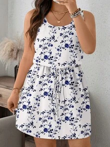 EMERY ROSE Plus Size Women Casual Floral Print Sleeveless Belted Dress Spring Summer Casual Dress Women Sundress Summer Blue And White Floral Dress Casual Sundress Blue And White Dress Women - Multicolor - View 1