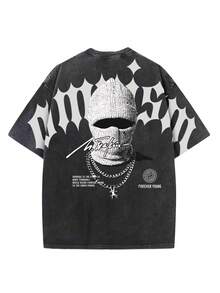 青少年男童字母人像图案T恤，街头风圆领短袖T恤，适合派对、返校、正式场合、日常穿着、学校、旅行、运动，春夏秋季皆宜。 - 黑色 - 查看 3