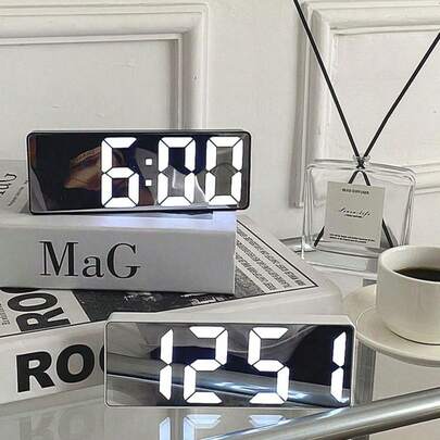 1 件装白色 LED 镜面台式闹钟数字闹钟桌面电子台钟贪睡显示时间夜灯桌面 USB 闹钟家居装饰智能时钟家居摆设卧室办公室台钟 0712L 台钟（白色）贪睡温度