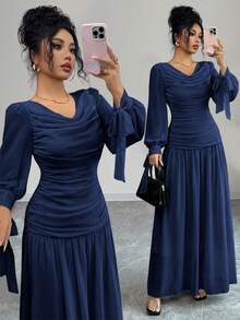 Elenzga Elegancka sukienka damska z szyfonu z falbaniastym kołnierzem, rękawami typu latarnia, wiązaniem w talii, odpowiednia na oficjalne okazje, takie jak koktajl party, bal maturalny, wesele, Halloween, Boże Narodzenie, Święto Narodowe, Nowy Rok - Granatowy - Zobacz 1