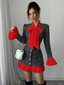Elenzga Autumn/Winter Bow Tie Collar Contrast Color Pleated Short Dress - Red - View 4