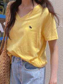 DAZY Women's V-Neck Short Sleeve Casual T-Shirt With Small Embroidery Decor, Versatile & Loose Fit, Summer - Yellow - View 6