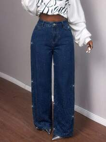 Slaydiva Women's High Waist Pockets Rhinestone Embellished Wide Leg Loose Fit Jeans - Medium Wash - View 6