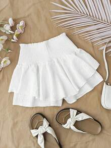 SHEIN Teen Girl Cute Summer White Skort Casual Beach Holiday Vacation Woven Textured Fabric Ruffles Drawstring Smocked High Waist Layered Ruffled Hem Shorts - White - View 2