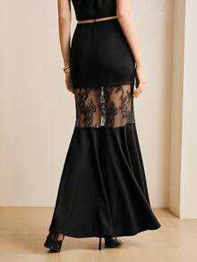 Revavyn 女士针织美人鱼半身裙，撞色蕾丝设计，优雅约会之夜黑色半身裙 - 黑色 - 查看 4