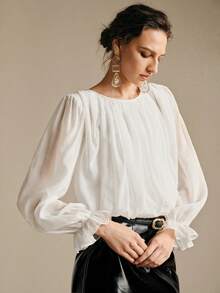 Arave Women's Knitted Contrast Lace Round Neck Puff Sleeve Cuff Tassel Floral Unique Design Casual Sexy Vacation Party Bodysuit White Blouse - White - View 3