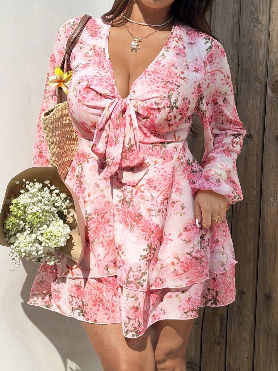 Sunnyshic Valentine New Fashion V-Neck Waist Cinched Floral Print Ruffle Hem Long Sleeve Dress, Vacation Style, Spring/Summer - Pink - View 1