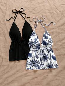 Soleia 2pcs Women's Casual Minimalist Blue Sun God & Palm Tree Print Halter Neck Backless Tie-Up Camisole Set, Suitable For Summer Vacation Spring - Multicolor - View 4