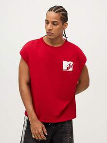MTV | SHEIN Men's Letter Graphic Red Casual Fashion Tank Top - Red - View 4