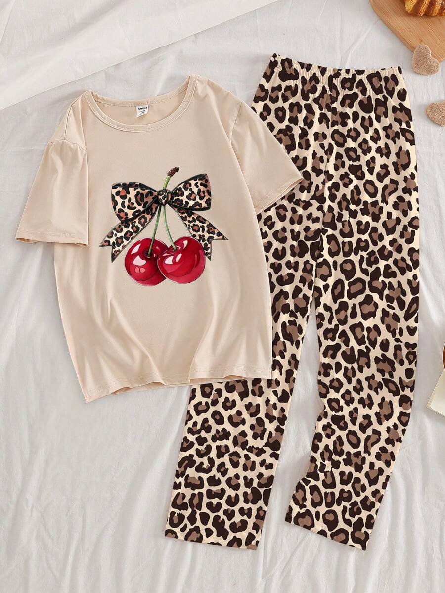 少女两件套睡衣套装，蝴蝶结豹纹针织上衣搭配豹纹长裤，舒适休闲家居服 - 杏色 - 查看 1