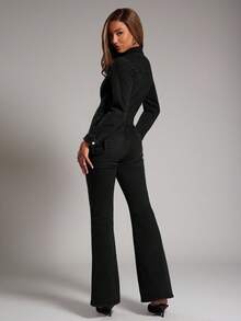 NYA SZN 连体牛仔紧身包臀工装口袋细节束腰街头风乡村简约复古教堂商务休闲办公室教师秋冬通勤女装 - 黑色 - 查看 2