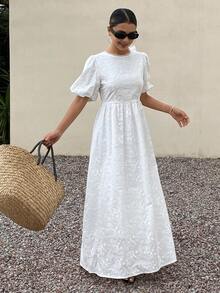 Livesso 春季蕾丝伴娘婚礼宾客白色棉质拼接花瓣袖系带露背中长连衣裙 - 白色 - 查看 2