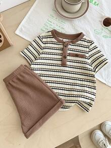 LMoss Kids 2 pièces Ensemble t-shirt casual et short en tricot bicolore pour bébé garçon - Multicolore - Voir 3