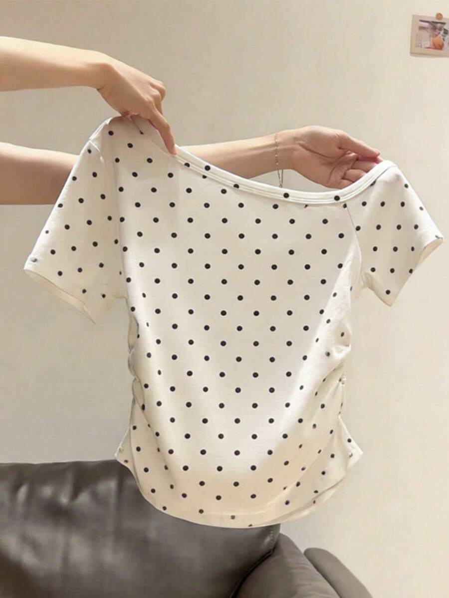 Resyla 女士黑白波点露肩短袖T恤，修身短款上衣 - 白色 - 查看 1