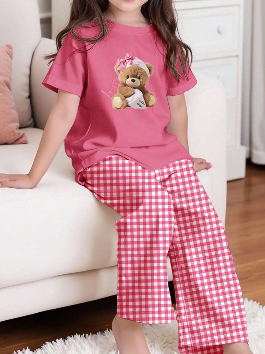 Cute Bear Plaid Pattern, Young Girls Casual Slim Fit Round Neck Short Sleeve Pants Pajamas Set, Suitable For Summer - Multicolor - View 1