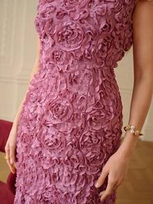 ZEYLAH V-Neck Floral Embroidered Fitted A-Line Dress, Spring/Summer - Violet Purple - View 2