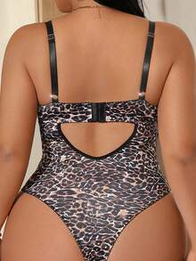 SHEIN Bộ jumpsuit gợi cảm cỡ lớn họa tiết da báo, chất liệu lụa sữa, phối ren tương phản. - Nhiều màu - Xem 2