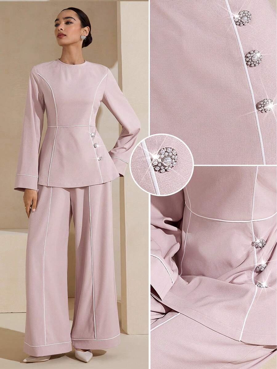 Graceveil 女士优雅莲花粉色珍珠纽扣装饰上衣+裤子阿拉伯风格套装，时尚