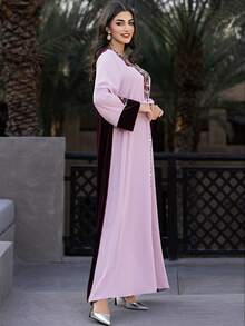 Handmade Velvet Patchwork Rhinestone Embellished Arabic Style Dress, Pink & Burgundy - Purple - View 8