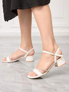 Sleekvia Giày nữ, giày cao gót mũi tròn, đế dày vừa phải, quai ngang mắt cá chân màu trắng, đính đá lấp lánh, kiểu dáng thanh lịch, thời trang, thoải mái hàng ngày, đa năng, thích hợp cho ngày Valentine. - trắng - Xem 4