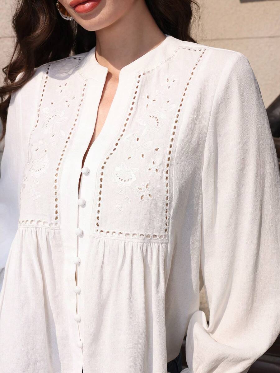 Mulvari Áo sơ mi dài tay thêu rỗng thời trang, kiểu dáng thường ngày, thích hợp cho mùa xuân/hè.