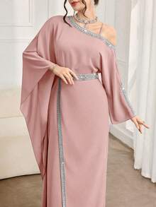 Al Najma Women's Elegant Arabic Style Asymmetric Neck Long Sleeve Split Hem Dress With Ribbon Trim - Baby Pink - View 7