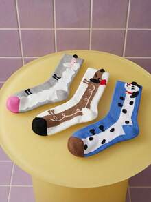 Joivida 1Pc/3pcs High Quality Cartoon Puppy Socks For Women |Dachshund | Poodle | Dalmatian | Thickened Warm Mid-Calf Socks, Soft Home Sleep Socks, Sweet Style Autumn Winter Gift ,Valentine's Day - Multicolor - View 3