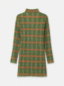 SHEIN Unity Vestido mini de manga larga y cuello alto con rayas naranjas y caqui, estilo vintage de primavera y verano, estilo francés y parisino - Multicolor - Ver 2