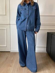 DAZY Women's Casual Pocket Shirt And Wide Leg Jeans 2-Piece Suit, Autumn - Blue - View 6
