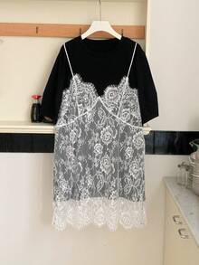 DAZY 女士蕾丝拼接二合一短袖连衣裙，休闲女士复活节连衣裙 - 黑與白 - 查看 2