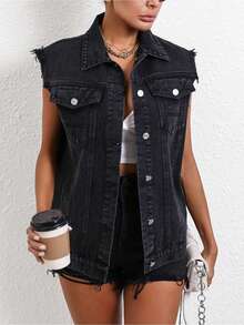 SHEIN PETITE Women's Turndown Collar Single-Breasted Fashionable Versatile Casual Denim Jacket - Black - View 1