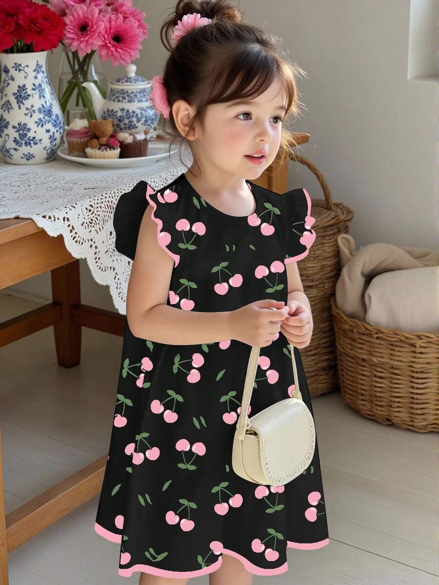 Cherry Girl，女童休闲可爱迷你爱心连衣裙，迷你樱桃印花荷叶边连衣裙，适合夏季、休闲度假、海滩周末，可爱夏日穿搭，夏季童装，韩版风格 - 彩色 - 查看 1