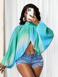 BamGleam 女士立领扎染拼接设计时尚百搭日常灯笼袖衬衫 - 藍色 - 查看 6