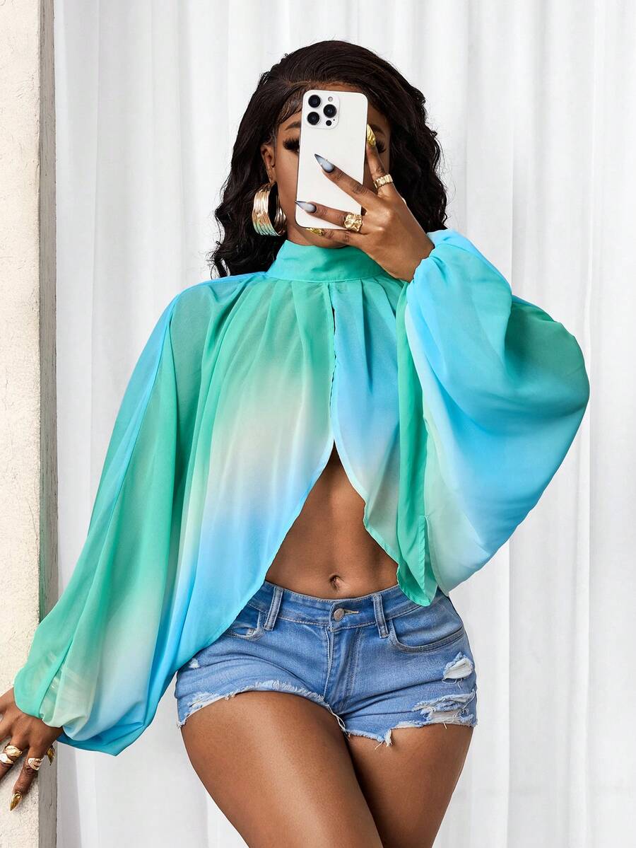 BamGleam Women's Mandarin Collar Tie-Dye Split Design Fashion Versatile Daily Wear Lantern Sleeve Blouse - Blue - View 1